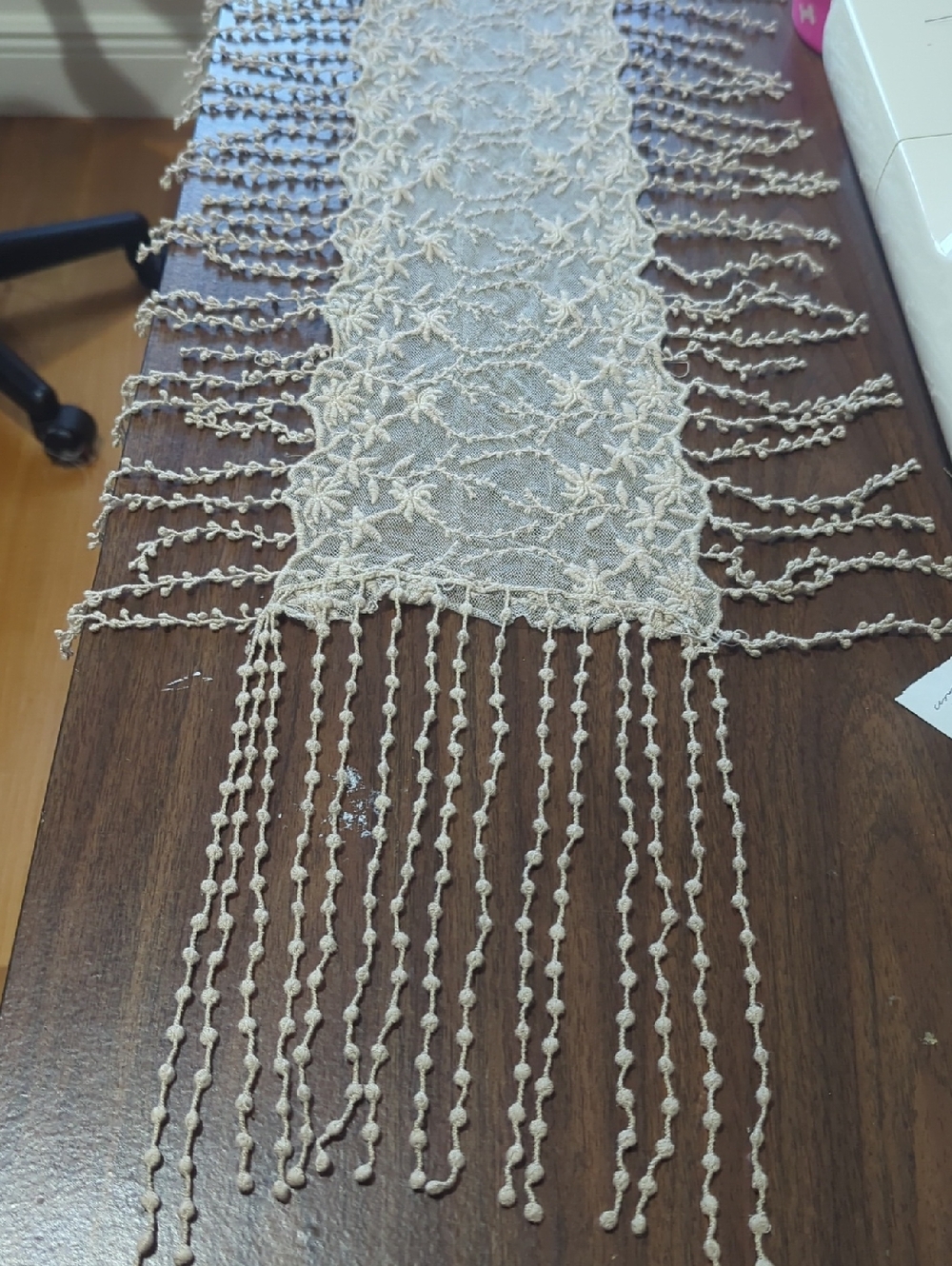 Embroidered and Lace Table Runner or Shawl in Cream